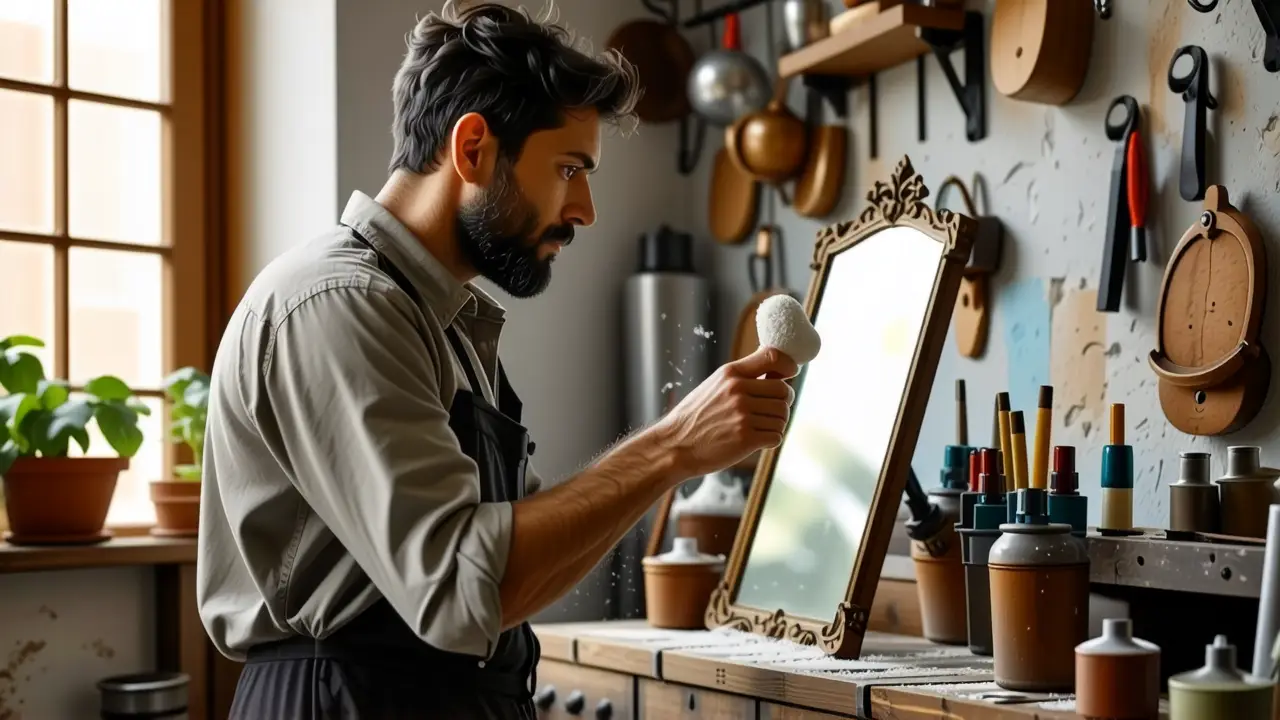 Un hombre puliendo un espejo en un taller antiguo