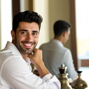 Un hombre español sonríe en un ambiente cálido y sereno