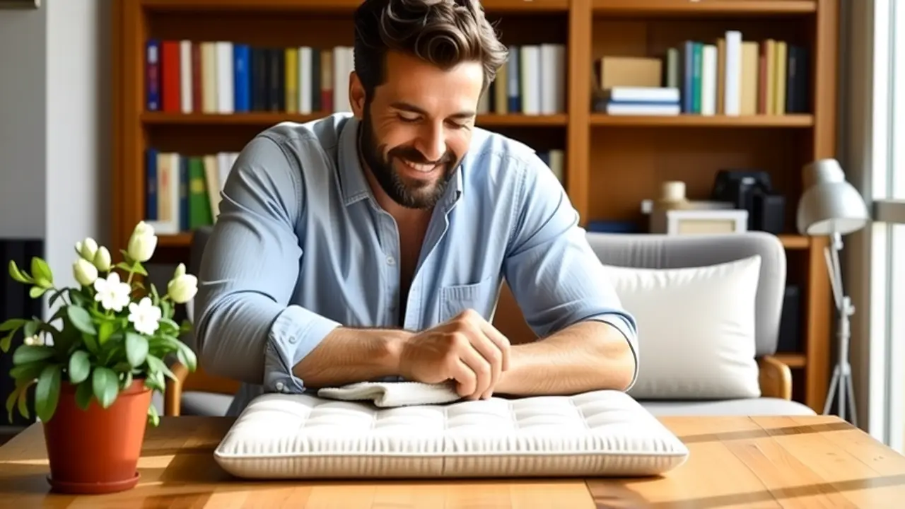 Un hombre sonriente limpia un sillón en luz cálida