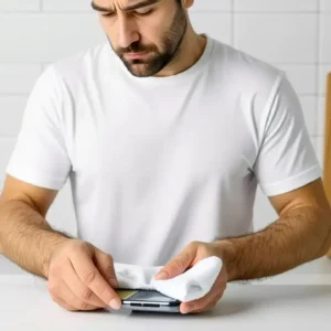 Un hombre español limpia suavemente un teléfono