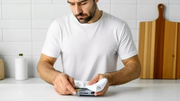 Como limpiar funda transparente del móvil 1 Un hombre español limpia suavemente un teléfono