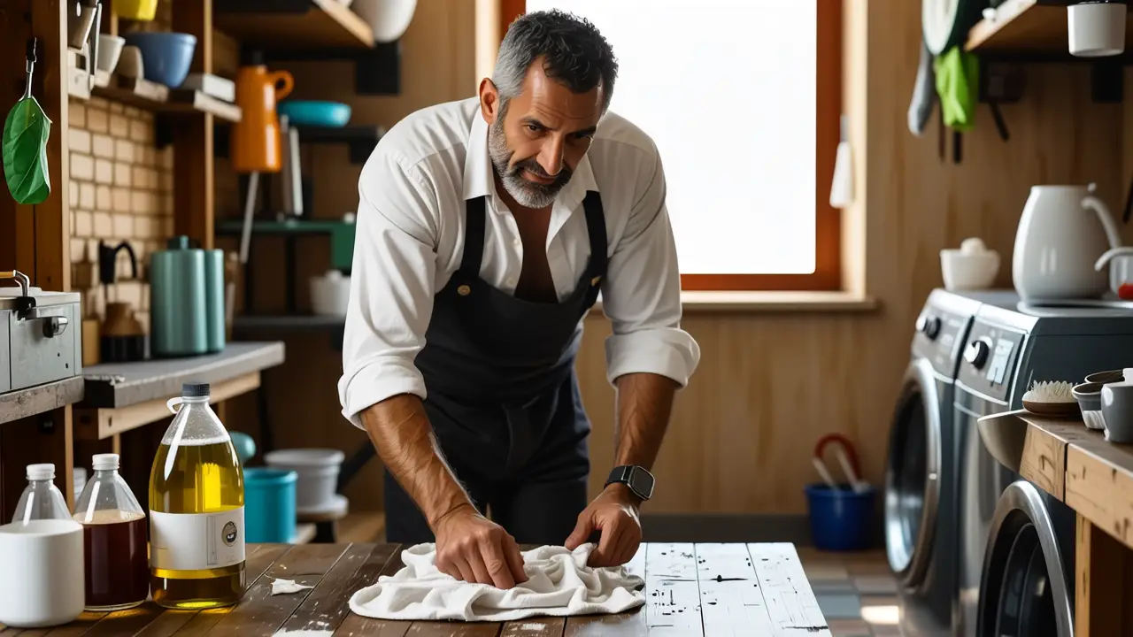 Un hombre español limpia con concentración
