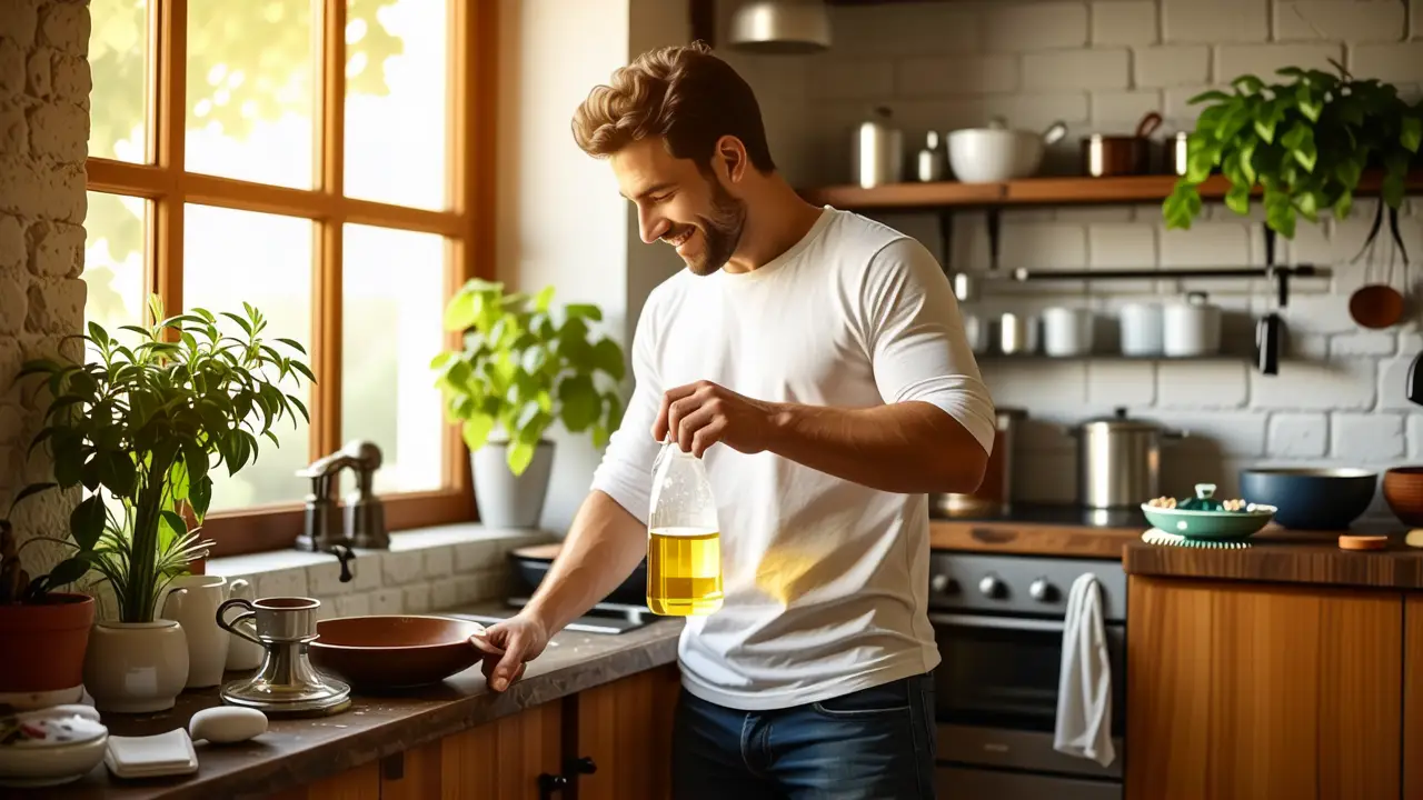 Un hombre español limpia con cuidado en casa