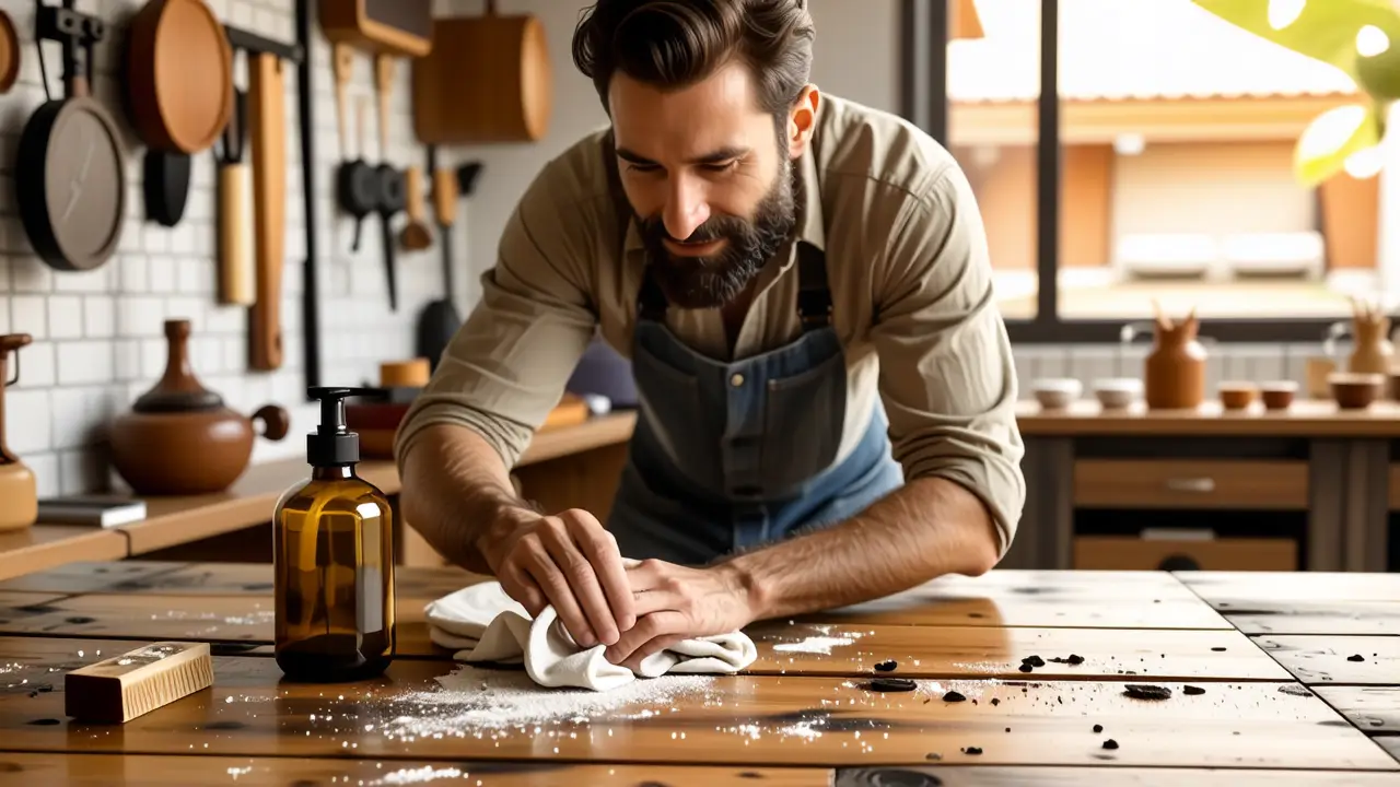 Como limpiar madera sucia: guía completa y fácil 3 Un hombre español limpia una mesa rústica