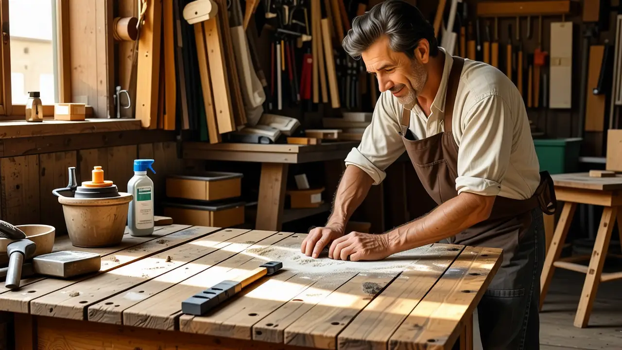 Como limpiar madera sucia: guía completa y fácil 4 Un hombre español realista limpia con cuidado