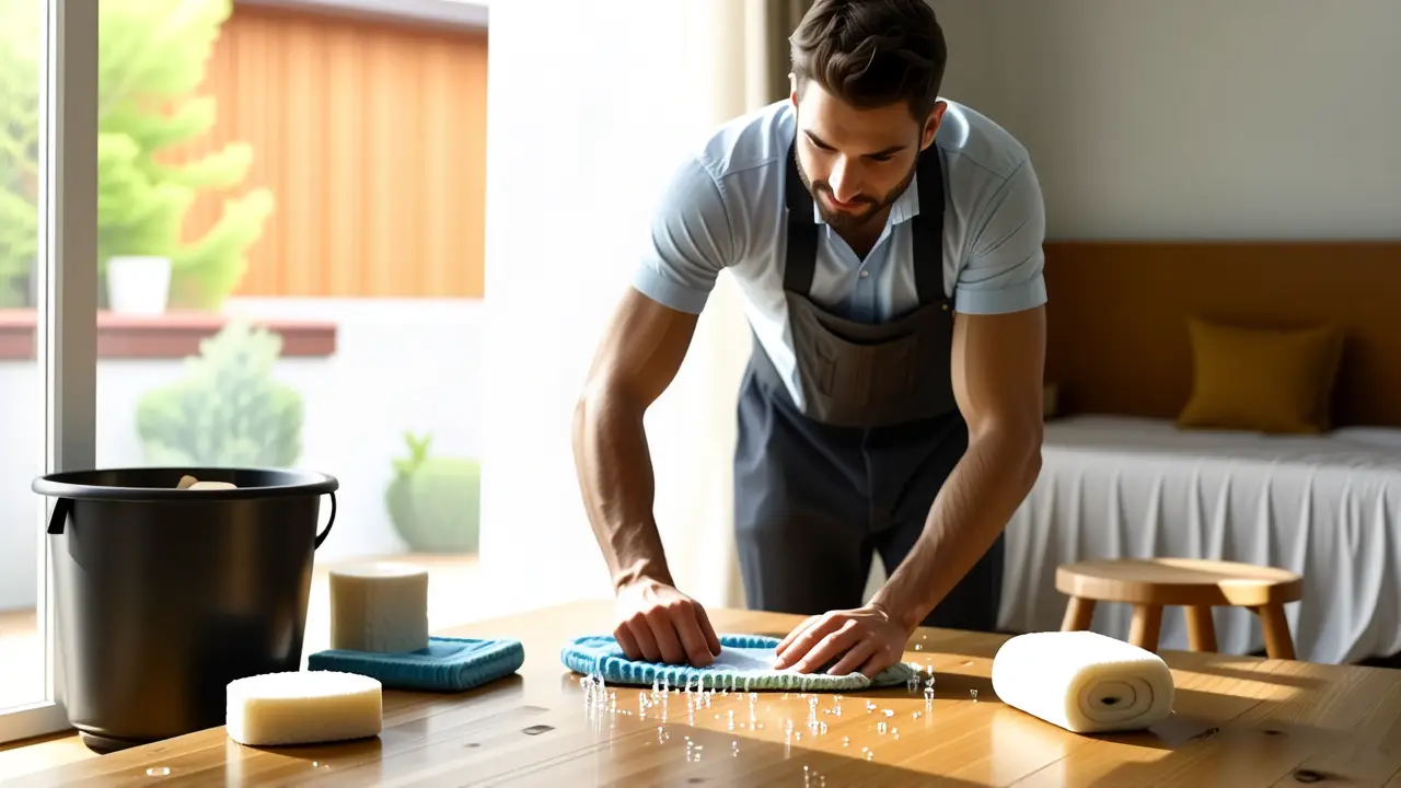 Como limpiar madera sucia: guía completa y fácil 2 Un hombre limpia con cuidado en casa
