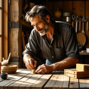 Un hombre español realista limpia madera con calma