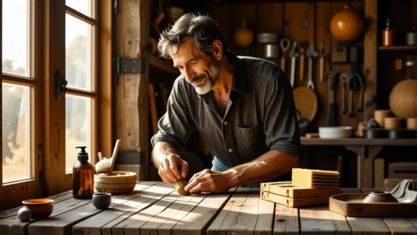 Un hombre español realista limpia madera con calma