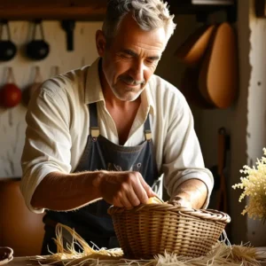 Un hombre español limpia con cuidado su cesta