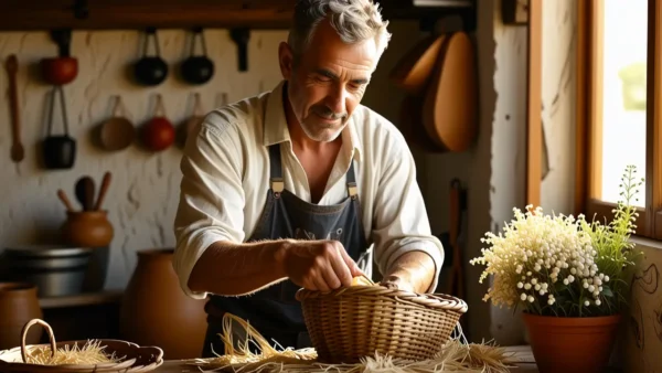 Un hombre español limpia con cuidado su cesta