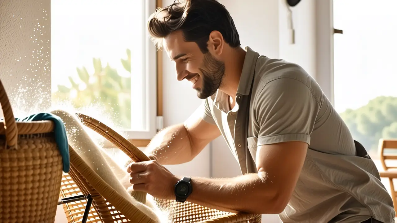 Un hombre sonriente limpia una silla rústica en un hogar cálido