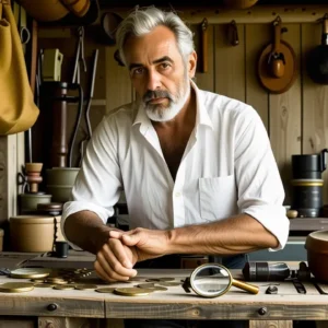 Un hombre pensativo examina una moneda antigua