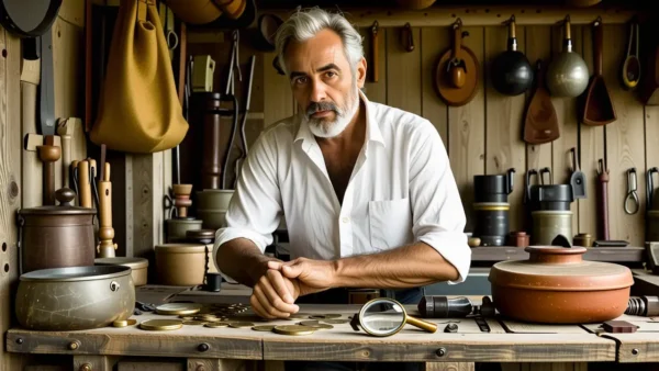 Un hombre pensativo examina una moneda antigua