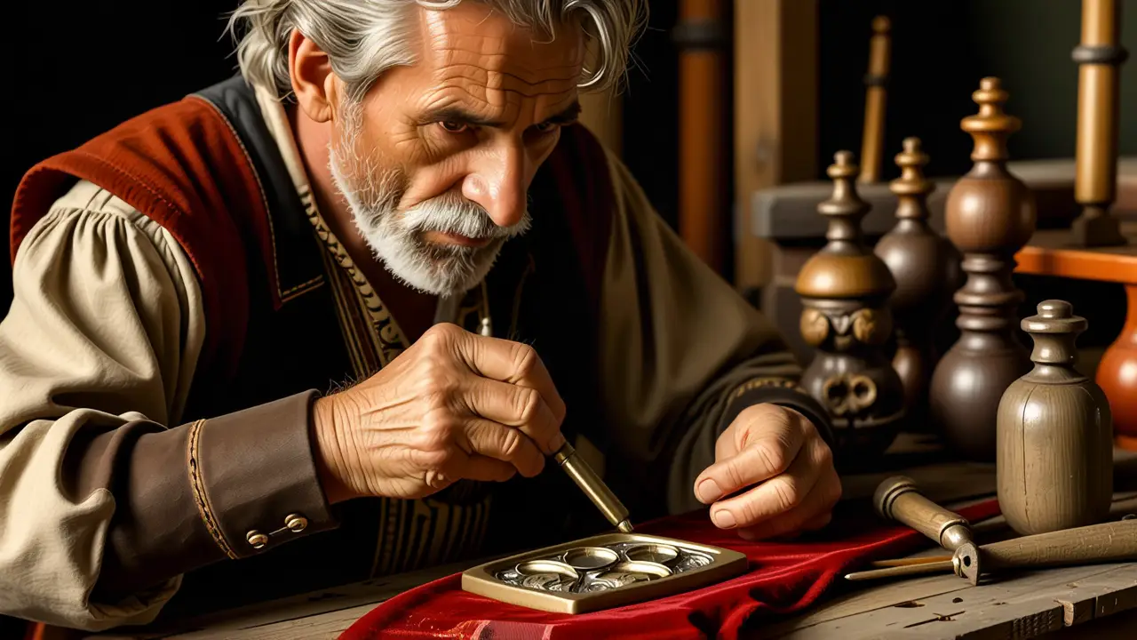 Un hombre amable examina una moneda antigua