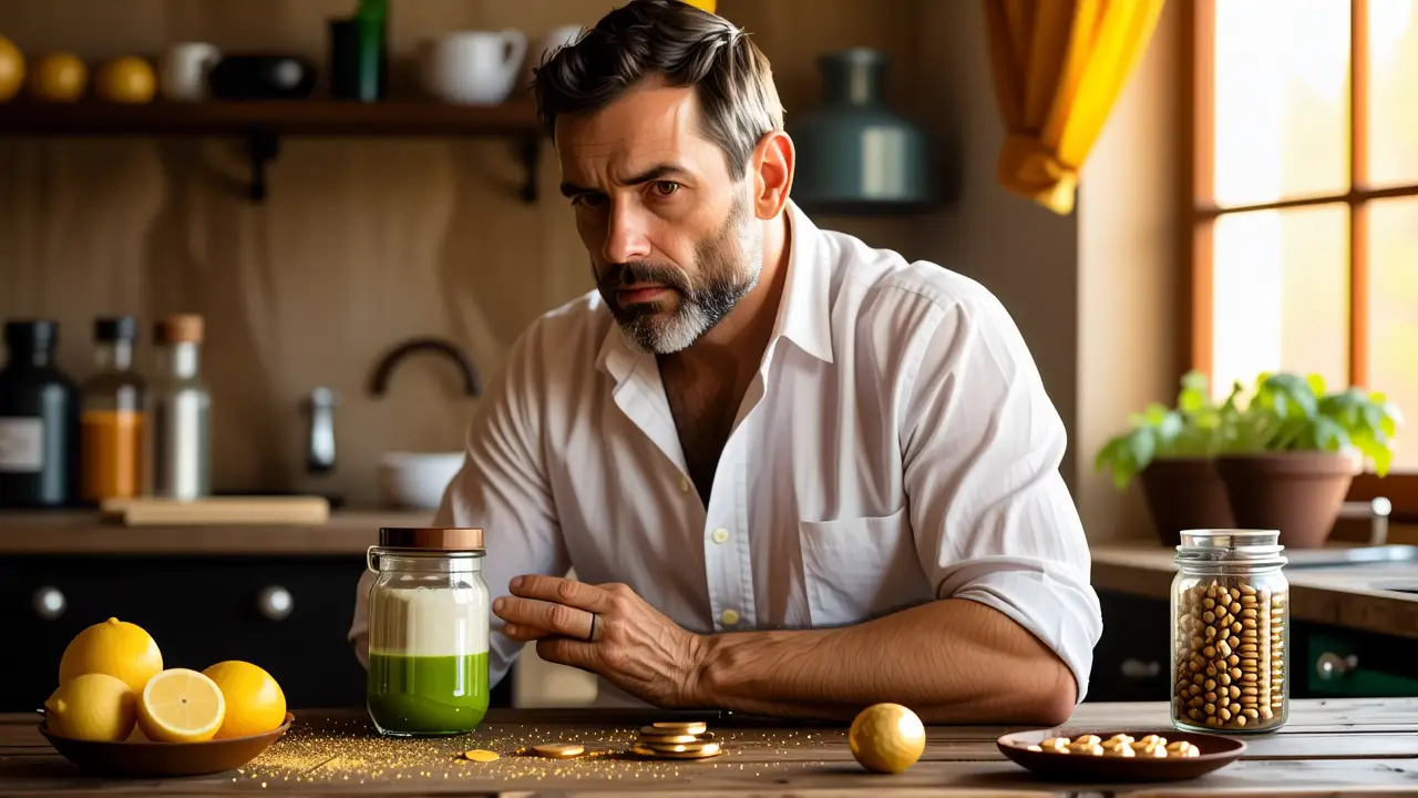 Un hombre pensativo sostiene ingredientes en luz cálida