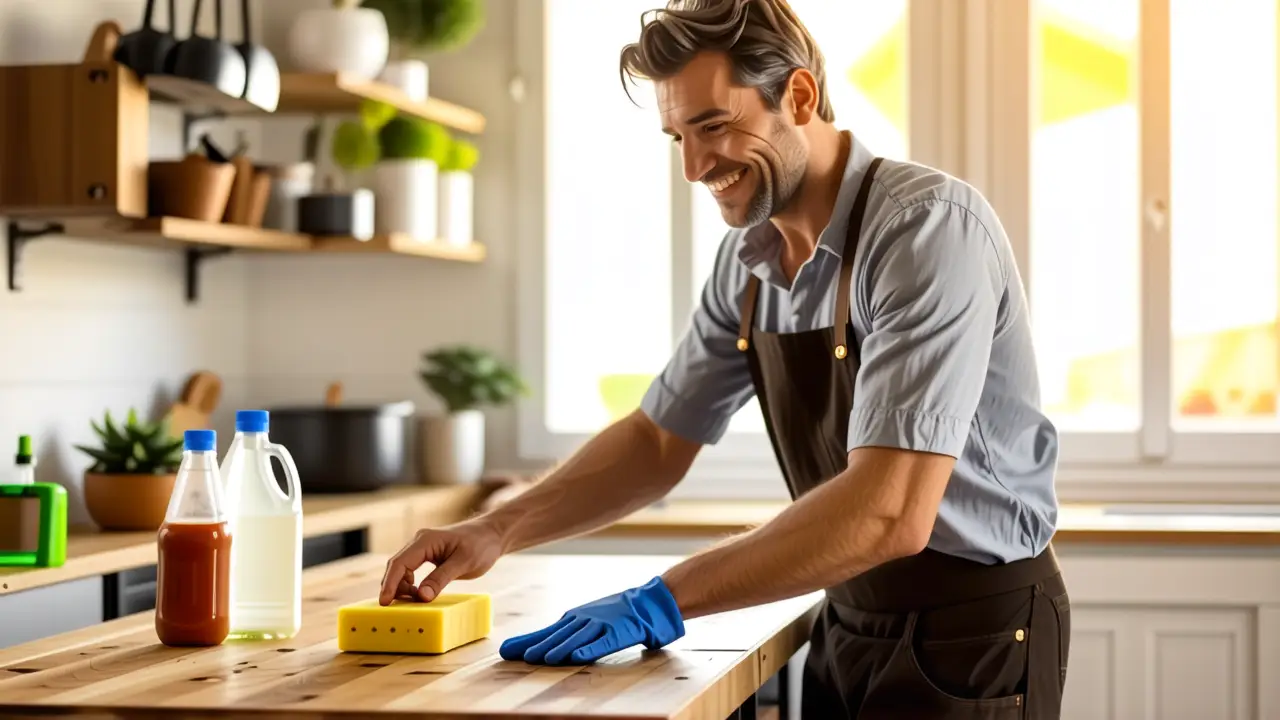 Como limpiar muebles de madera de cocina con grasa 5 Hombre sonriente limpia una cocina rústica cálida