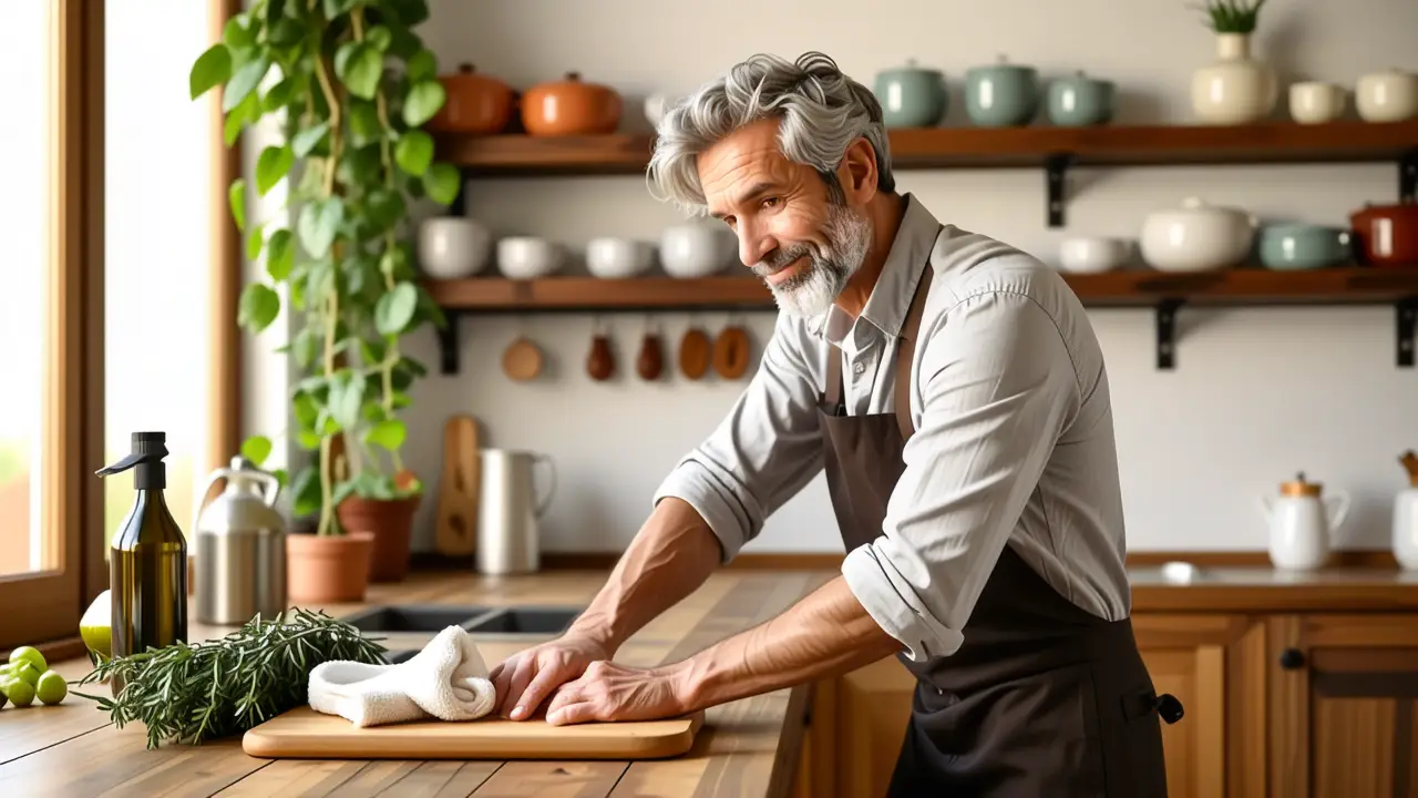 Como limpiar muebles de madera de cocina con grasa 4 Un hombre español limpia con cuidado en casa