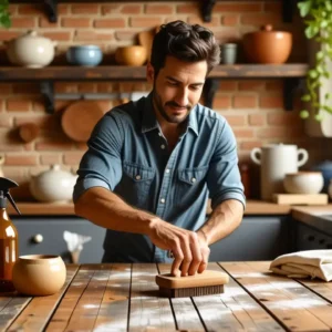 Un hombre español limpia una mesa rústica