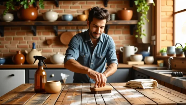 Un hombre español limpia una mesa rústica