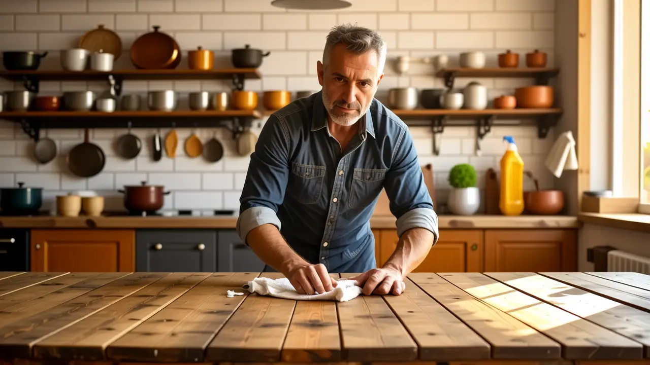 Como limpiar muebles de madera de cocina con grasa 3 Un hombre español limpia con cuidado