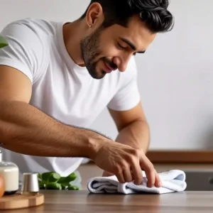 Un hombre limpia delicadamente joyas brillantes en cocina