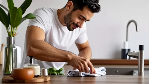 Un hombre limpia delicadamente joyas brillantes en cocina
