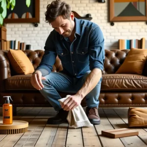 Un hombre español limpia suavemente un sofá