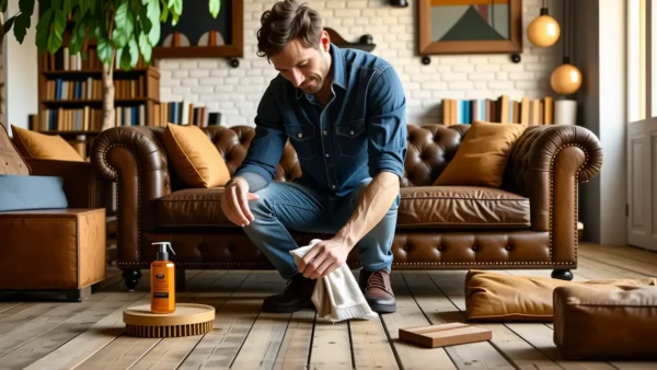 Como limpiar sofá de cuero: Guía completa y fácil 1 Un hombre español limpia suavemente un sofá