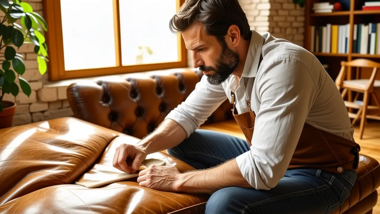 Como limpiar sofá de cuero: Guía completa y fácil 5 Un hombre español limpia suavemente un sofá vintage