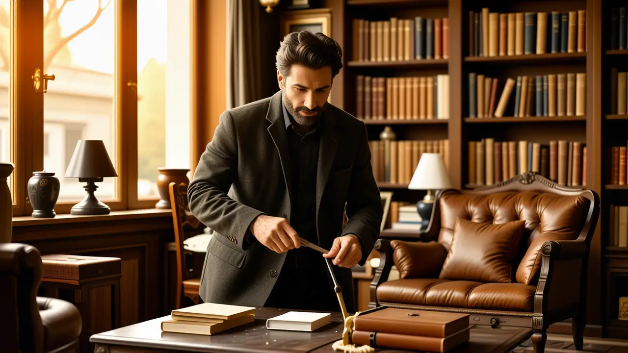 Como limpiar sofá de cuero: Guía completa y fácil 2 Un hombre pensativo limpia en un hogar español cálido