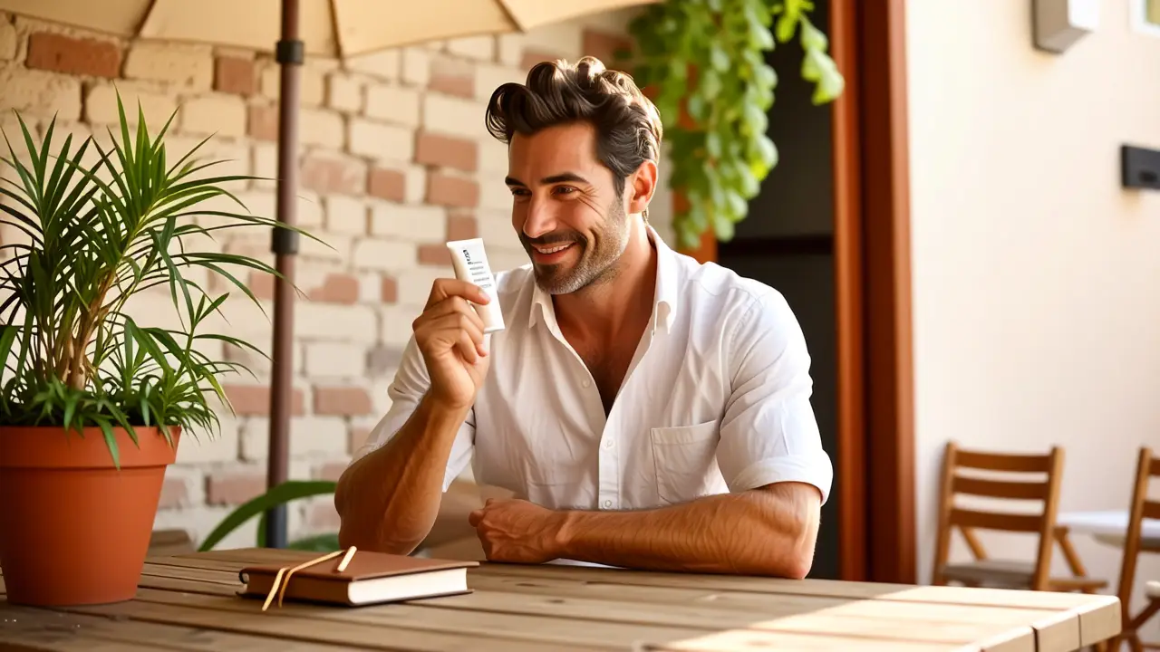 Como limpiar sofá de cuero: Guía completa y fácil 4 Un hombre tranquilo aplica protector solar en luz cálida