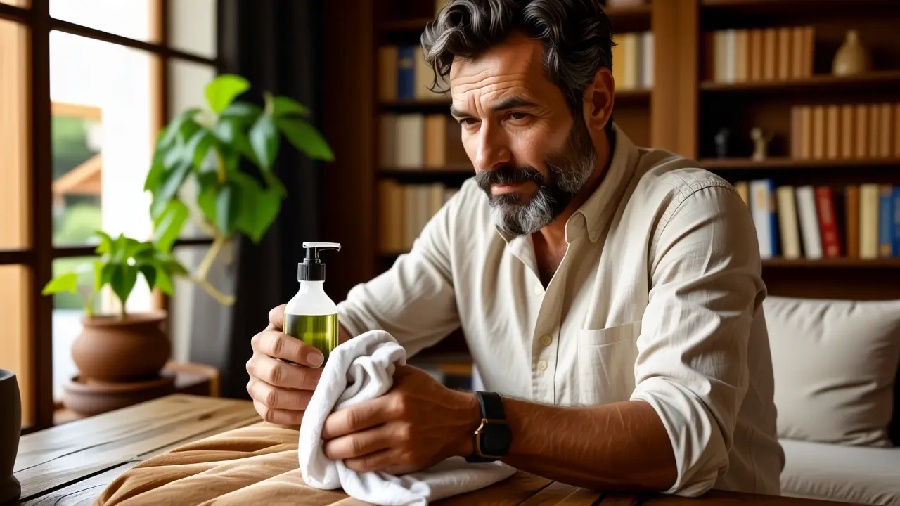 Un hombre amable limpia un terciopelo vintage