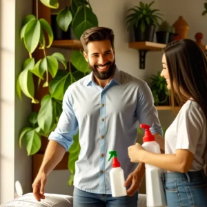 Un hombre sonríe limpiando con una mujer