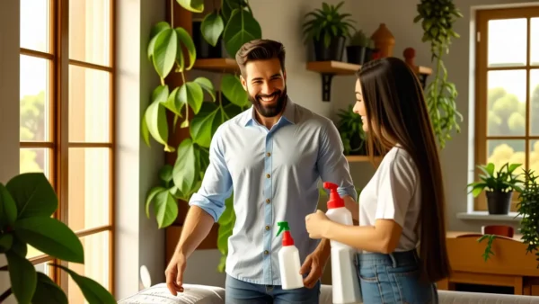 Un hombre sonríe limpiando con una mujer