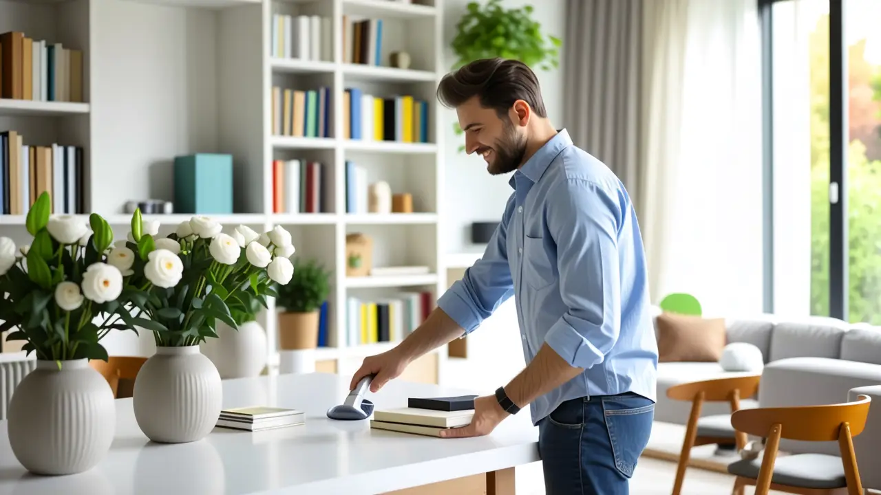 Un hombre blanco limpia con calma en casa
