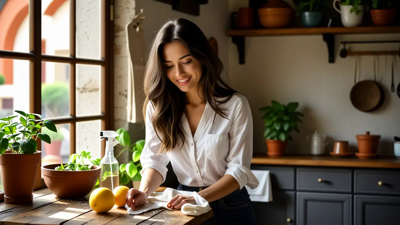 Una mujer española limpia con calma en casa