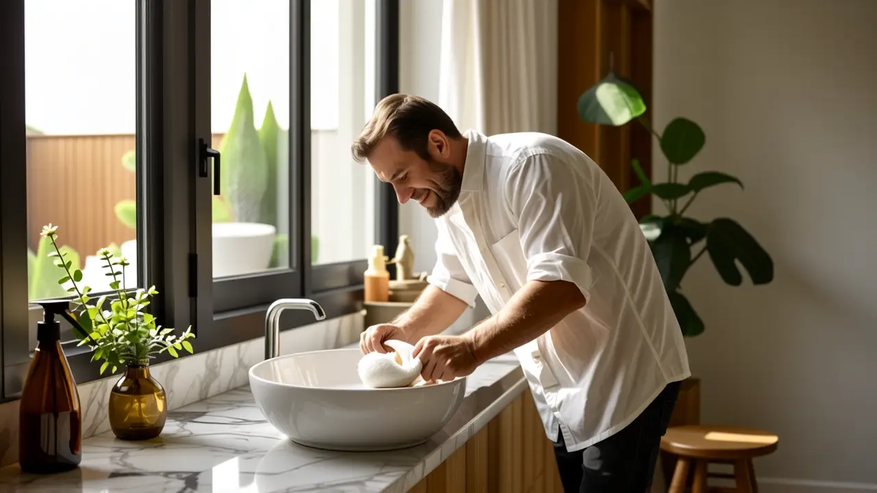 Un hombre blanco limpia con cuidado en un baño luminoso