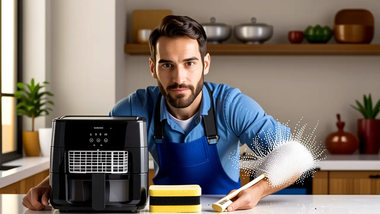 Como limpiar freidora de aire: guía completa 2 Un hombre limpia meticulosamente una freidora