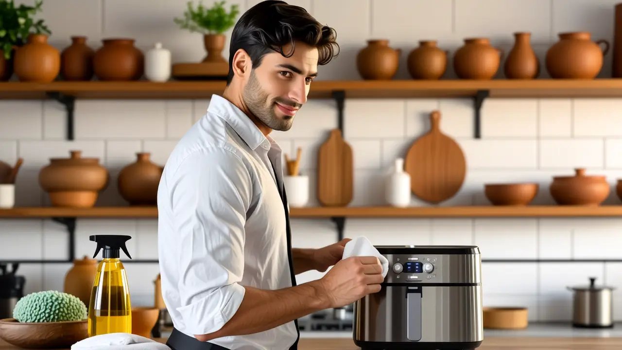 Como limpiar freidora de aire: guía completa 5 Un hombre elegante limpia con cuidado la cocina