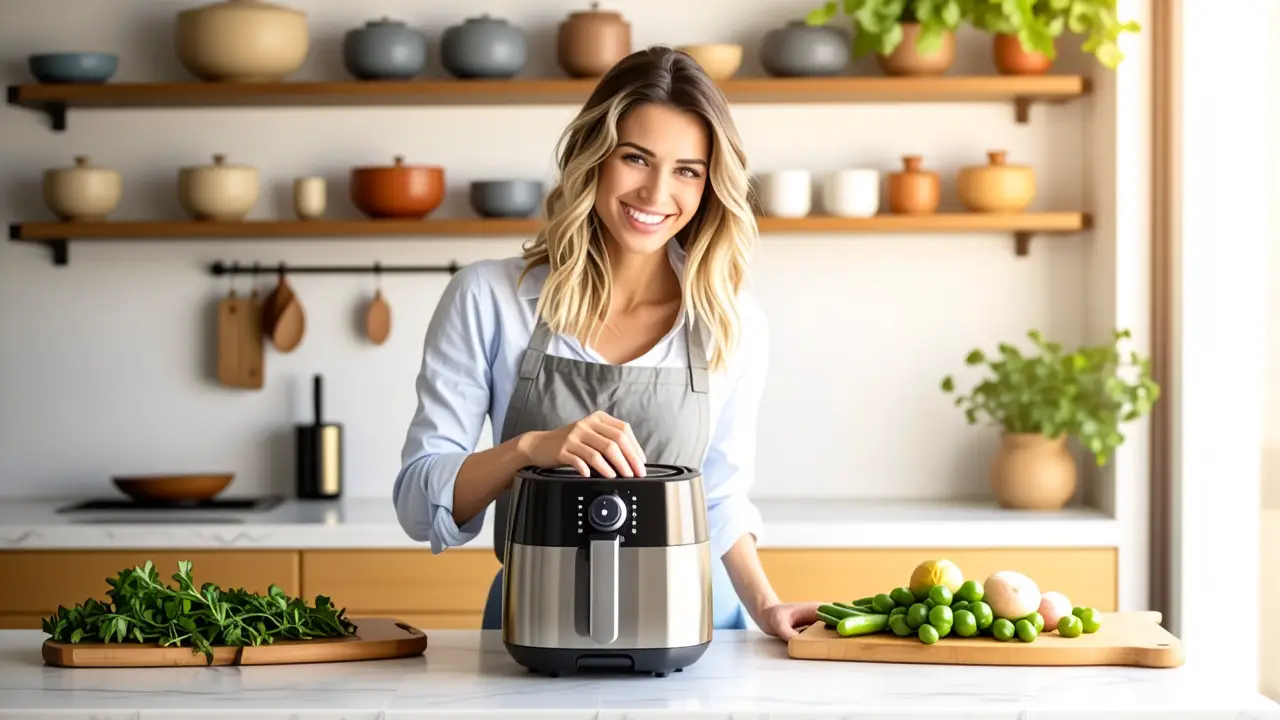 Como limpiar freidora de aire: guía completa 6 Una mujer sonríe limpiando su freidora en cocina