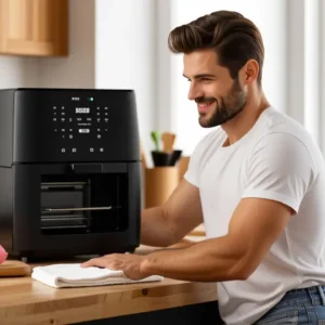Un hombre limpia una air fryer con detalle