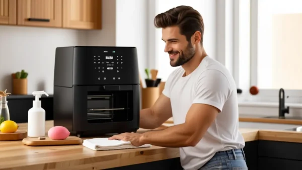 Un hombre limpia una air fryer con detalle