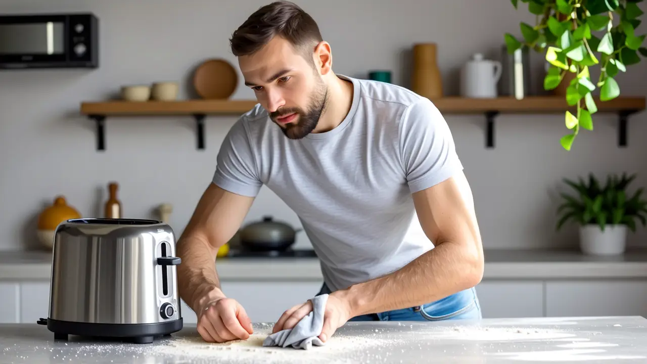Como limpiar tostadora: guía paso a paso 4 Hombre limpio limpiando cocina con luz cálida