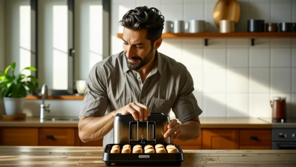 Un hombre realista disfruta del amanecer en cocina