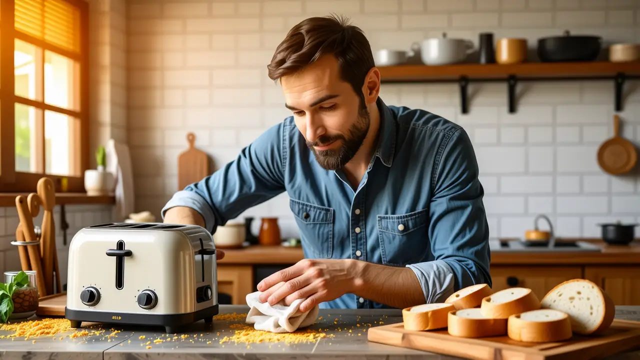 Como limpiar tostadora: guía paso a paso 2 Un hombre amable limpia una cocina rústica
