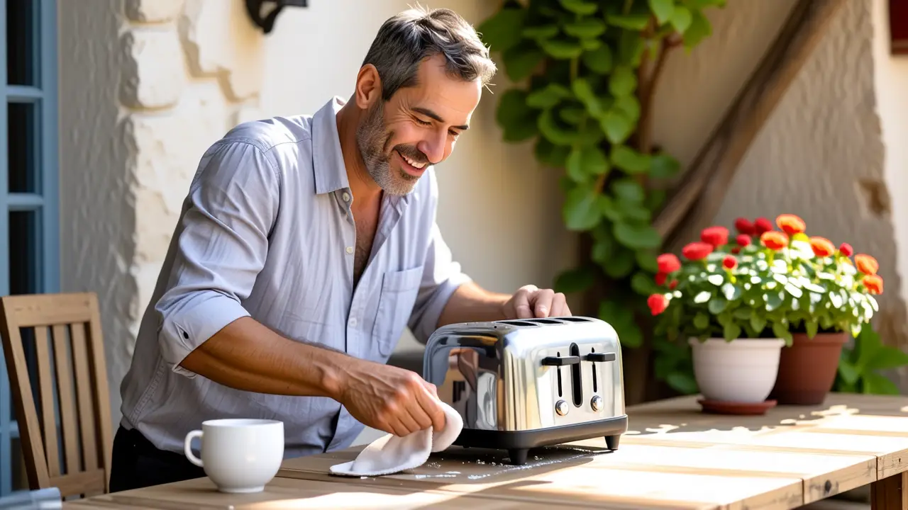 Como limpiar tostadora: guía paso a paso 3 Un hombre español limpia un tostador en patio soleado