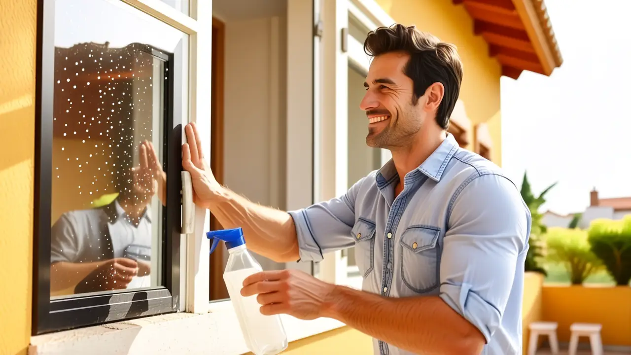 Como limpiar ventanas por fuera: guía fácil y rápida 3 Hombre sonriente limpia ventanas con luz dorada