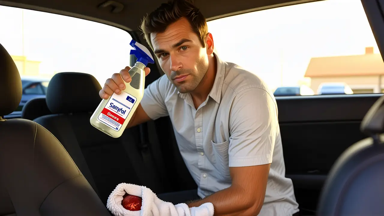 Hombre limpia coche con preocupación y detalle