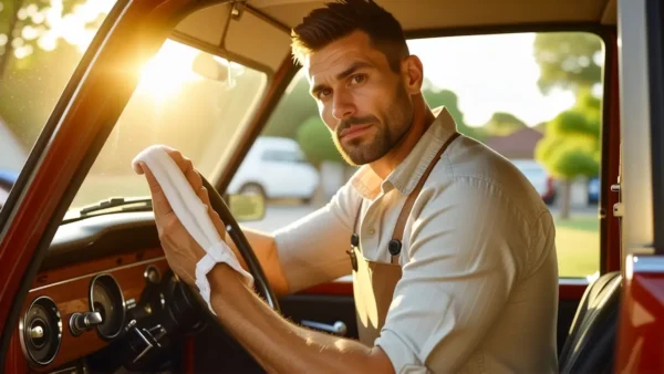 Un hombre limpiando un coche vintage con luz cálida