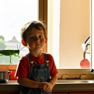 Un niño curioso observa un grillo en cocina